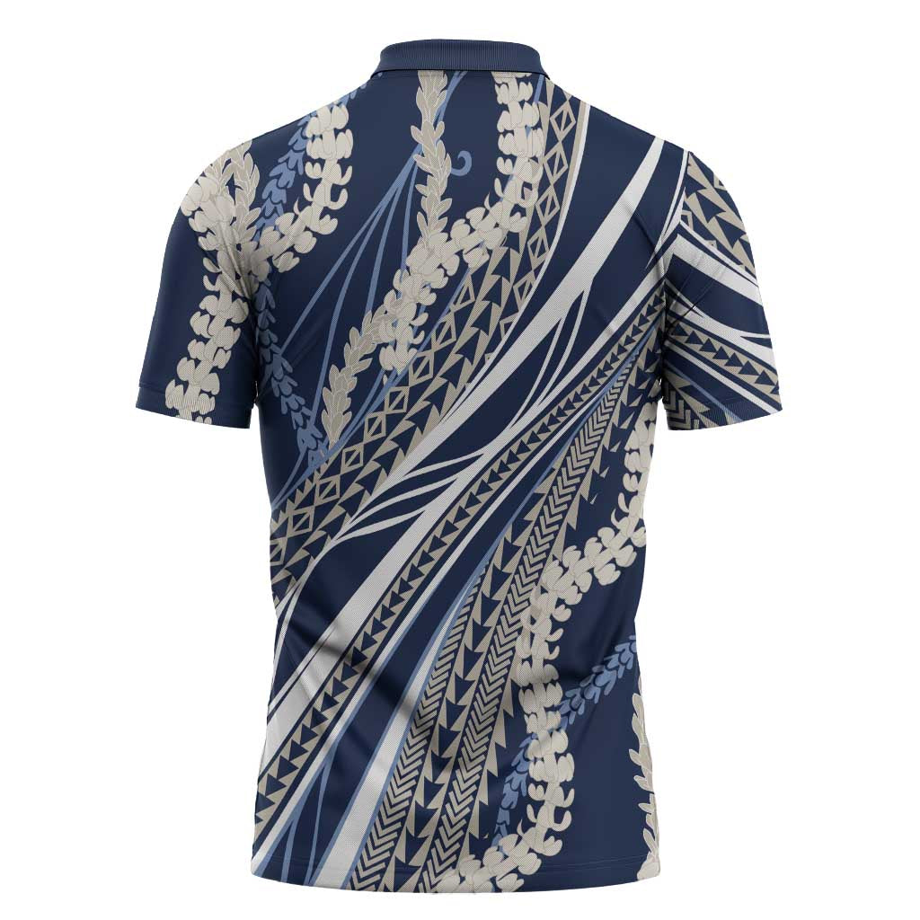Polynesian Puakeniken Pikake Twisted Lei Zipper Polo Shirt Navy Blue - Polynesian Pride