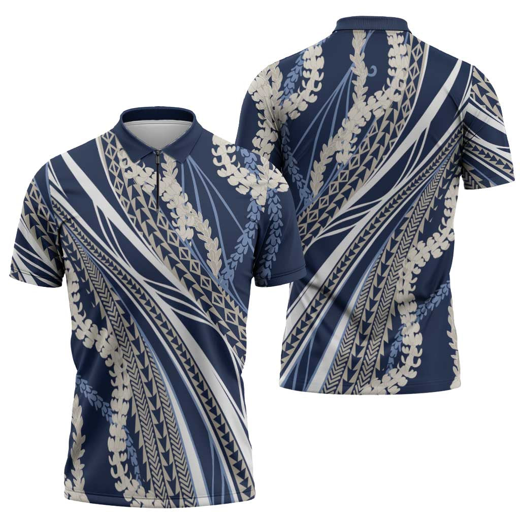 Polynesian Puakeniken Pikake Twisted Lei Zipper Polo Shirt Navy Blue - Polynesian Pride