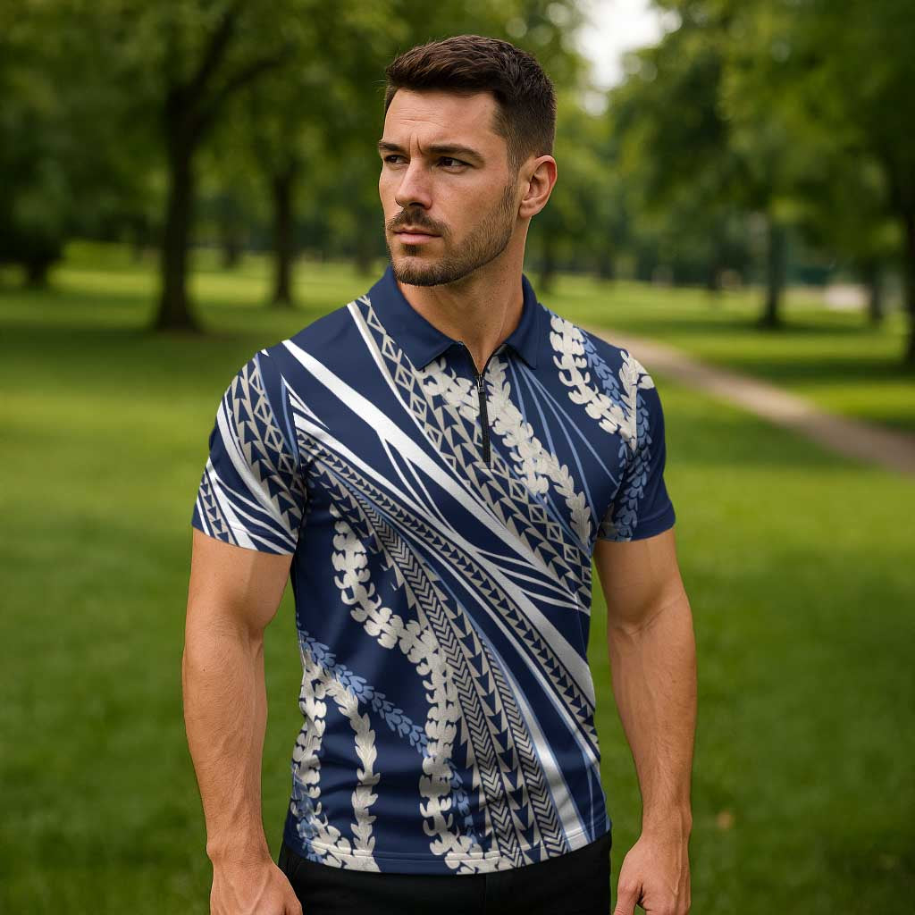 Polynesian Puakeniken Pikake Twisted Lei Zipper Polo Shirt Navy Blue - Polynesian Pride