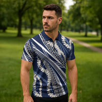 Polynesian Puakeniken Pikake Twisted Lei Zipper Polo Shirt Navy Blue - Polynesian Pride