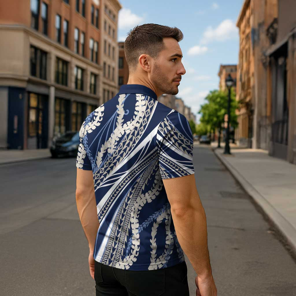 Polynesian Puakeniken Pikake Twisted Lei Zipper Polo Shirt Navy Blue - Polynesian Pride