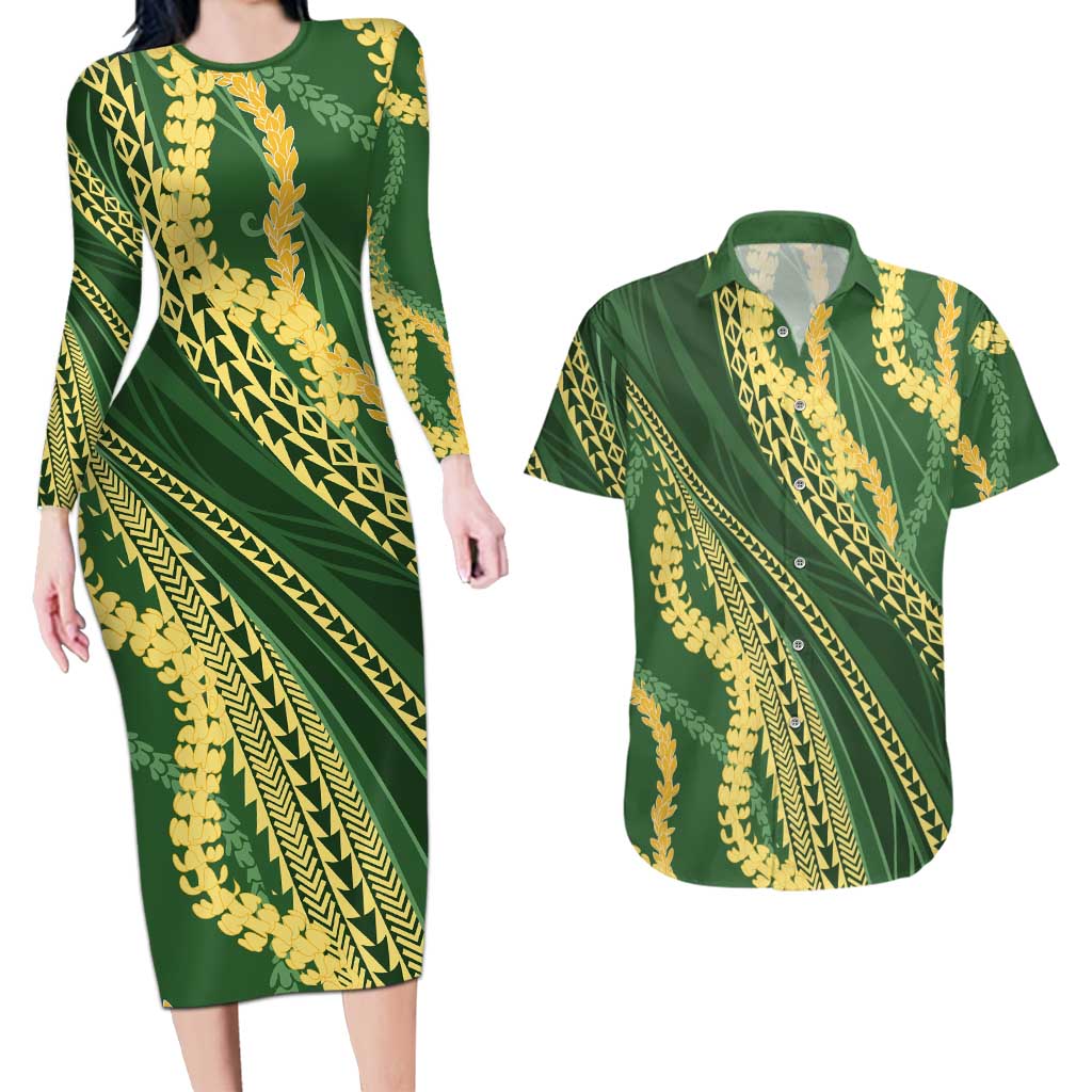Polynesian Puakeniken Pikake Twisted Lei Couples Matching Long Sleeve Bodycon Dress and Hawaiian Shirt Emerald LT7 Emerald - Polynesian Pride