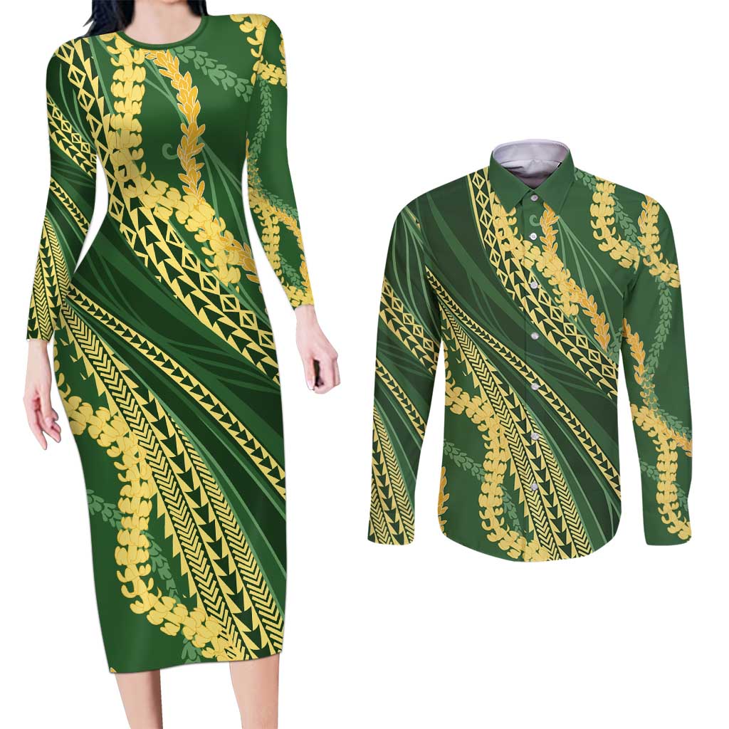 Polynesian Puakeniken Pikake Twisted Lei Couples Matching Long Sleeve Bodycon Dress and Long Sleeve Button Shirt Emerald LT7 Emerald - Polynesian Pride