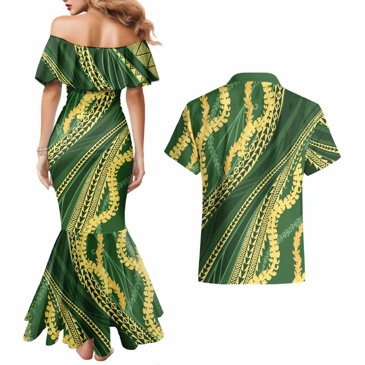 Polynesian Puakeniken Pikake Twisted Lei Couples Matching Mermaid Dress and Hawaiian Shirt Emerald LT7 - Polynesian Pride