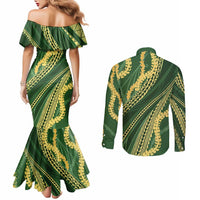 Polynesian Puakeniken Pikake Twisted Lei Couples Matching Mermaid Dress and Long Sleeve Button Shirt Emerald - Polynesian Pride