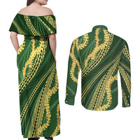 Polynesian Puakeniken Pikake Twisted Lei Couples Matching Off Shoulder Maxi Dress and Long Sleeve Button Shirt Emerald - Polynesian Pride