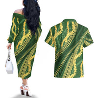 Polynesian Puakeniken Pikake Twisted Lei Couples Matching Off The Shoulder Long Sleeve Dress and Hawaiian Shirt Emerald LT7 - Polynesian Pride