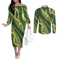 Polynesian Puakeniken Pikake Twisted Lei Couples Matching Off The Shoulder Long Sleeve Dress and Long Sleeve Button Shirt Emerald LT7 Emerald - Polynesian Pride