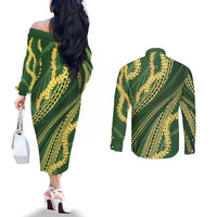 Polynesian Puakeniken Pikake Twisted Lei Couples Matching Off The Shoulder Long Sleeve Dress and Long Sleeve Button Shirt Emerald LT7 - Polynesian Pride