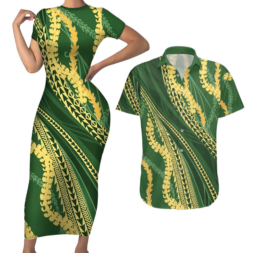 Polynesian Puakeniken Pikake Twisted Lei Couples Matching Short Sleeve Bodycon Dress and Hawaiian Shirt Emerald LT7 Emerald - Polynesian Pride