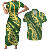 Polynesian Puakeniken Pikake Twisted Lei Couples Matching Short Sleeve Bodycon Dress and Hawaiian Shirt Emerald LT7 Emerald - Polynesian Pride