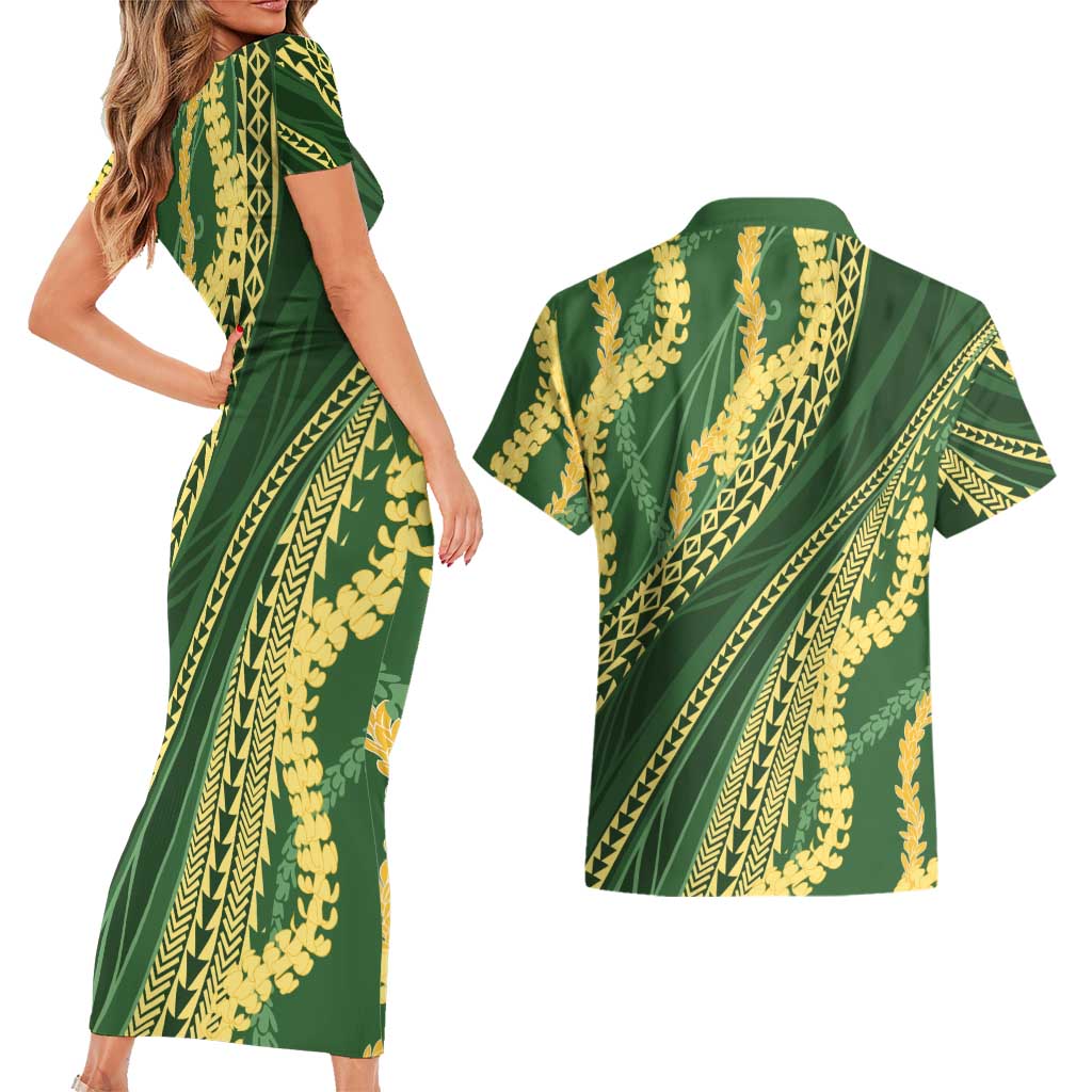 Polynesian Puakeniken Pikake Twisted Lei Couples Matching Short Sleeve Bodycon Dress and Hawaiian Shirt Emerald LT7 - Polynesian Pride