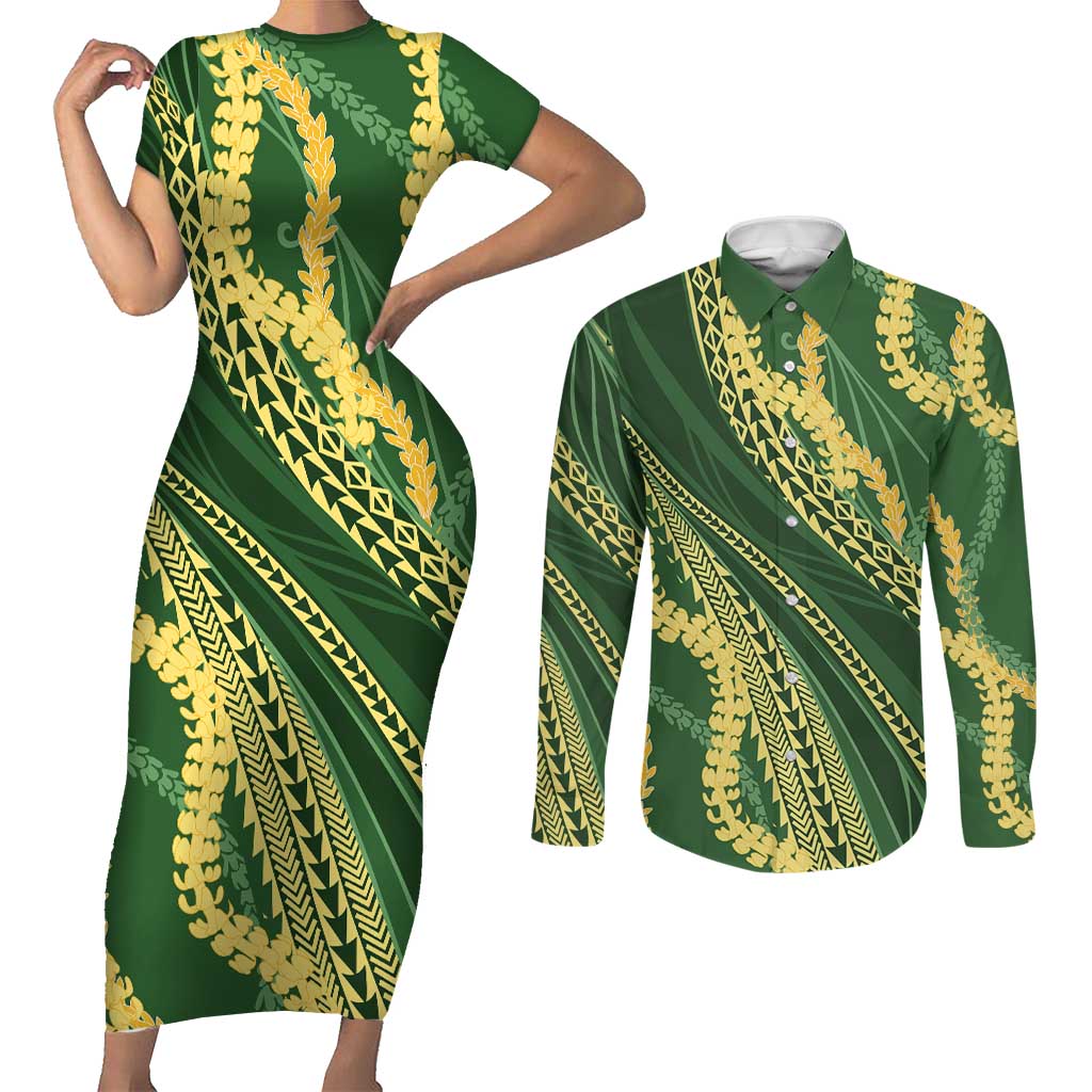 Polynesian Puakeniken Pikake Twisted Lei Couples Matching Short Sleeve Bodycon Dress and Long Sleeve Button Shirt Emerald LT7 Emerald - Polynesian Pride
