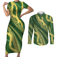 Polynesian Puakeniken Pikake Twisted Lei Couples Matching Short Sleeve Bodycon Dress and Long Sleeve Button Shirt Emerald LT7 Emerald - Polynesian Pride