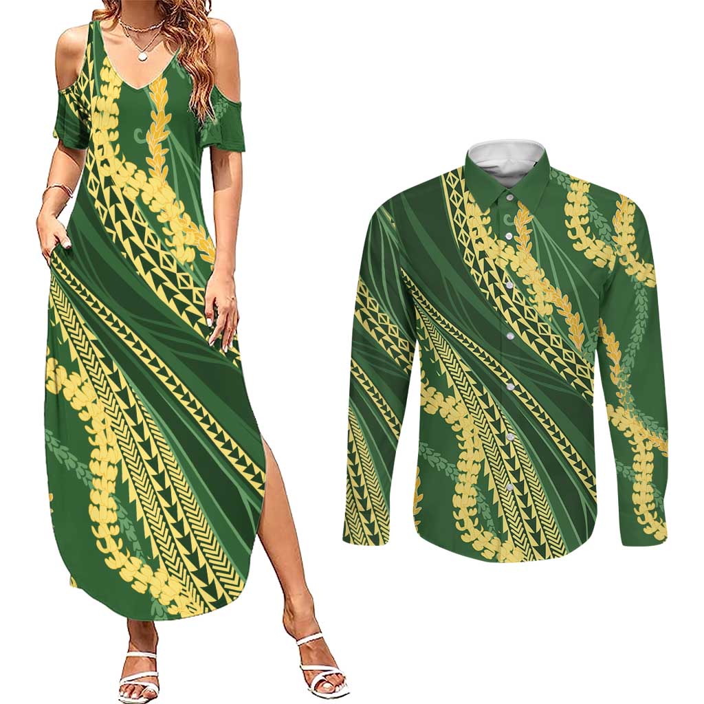 Polynesian Puakeniken Pikake Twisted Lei Couples Matching Summer Maxi Dress and Long Sleeve Button Shirt Emerald - Polynesian Pride