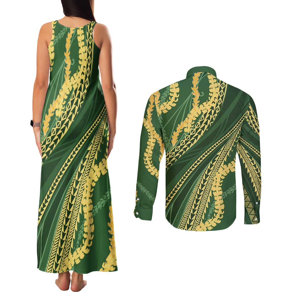 Polynesian Puakeniken Pikake Twisted Lei Couples Matching Tank Maxi Dress and Long Sleeve Button Shirt Emerald - Polynesian Pride