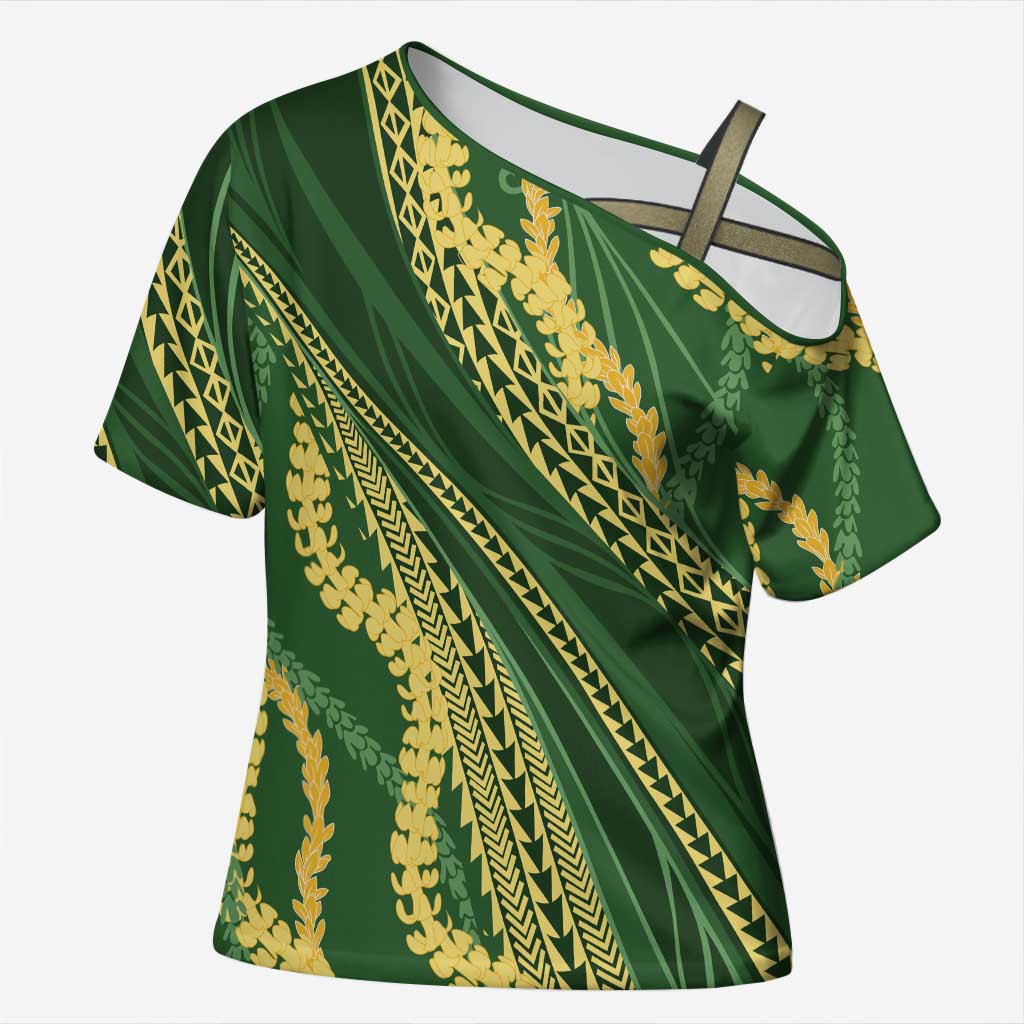 Polynesian Puakeniken Pikake Twisted Lei Cross Shoulder Shirt Emerald - Polynesian Pride