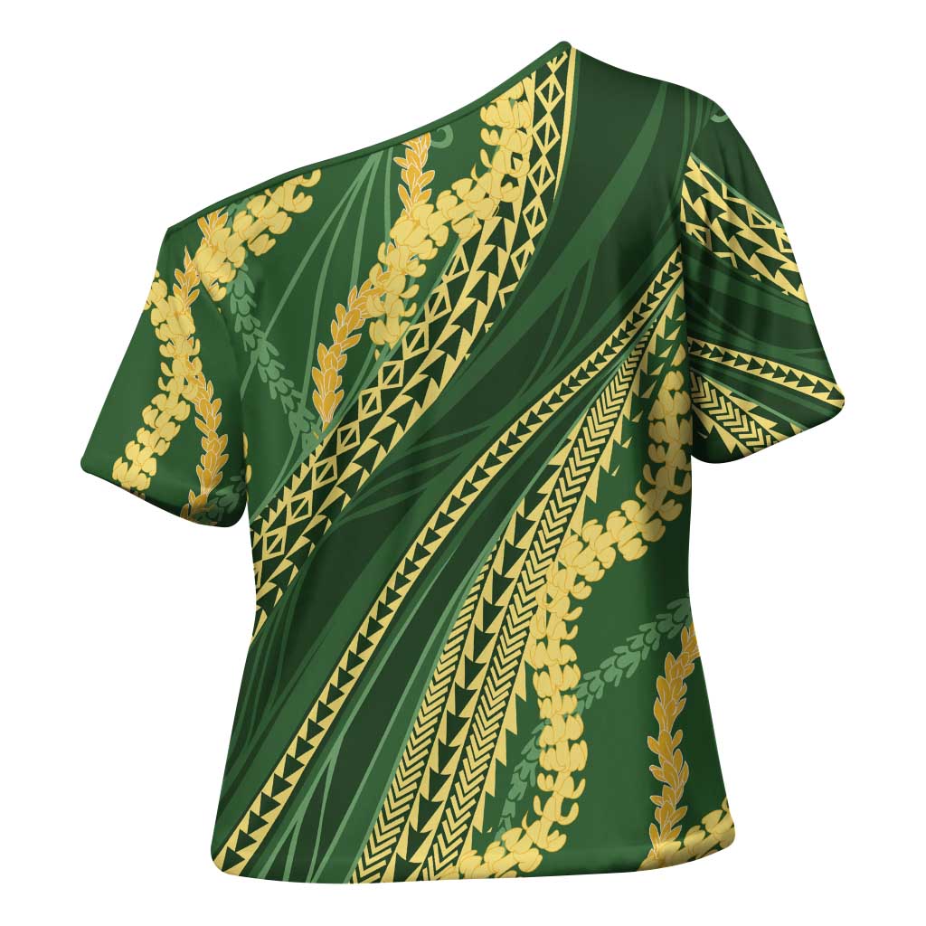 Polynesian Puakeniken Pikake Twisted Lei Cross Shoulder Shirt Emerald - Polynesian Pride
