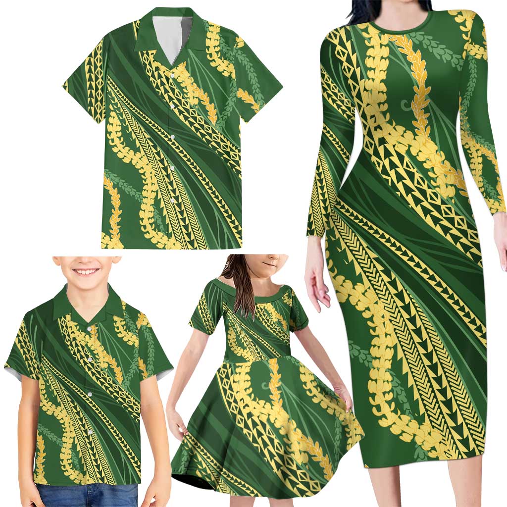 Polynesian Puakeniken Pikake Twisted Lei Family Matching Long Sleeve Bodycon Dress and Hawaiian Shirt Emerald LT7 - Polynesian Pride