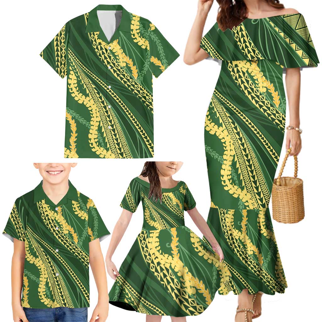 Polynesian Puakeniken Pikake Twisted Lei Family Matching Mermaid Dress and Hawaiian Shirt Emerald - Polynesian Pride