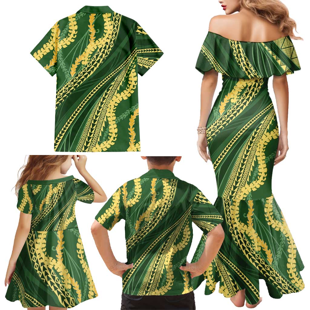 Polynesian Puakeniken Pikake Twisted Lei Family Matching Mermaid Dress and Hawaiian Shirt Emerald LT7 - Polynesian Pride