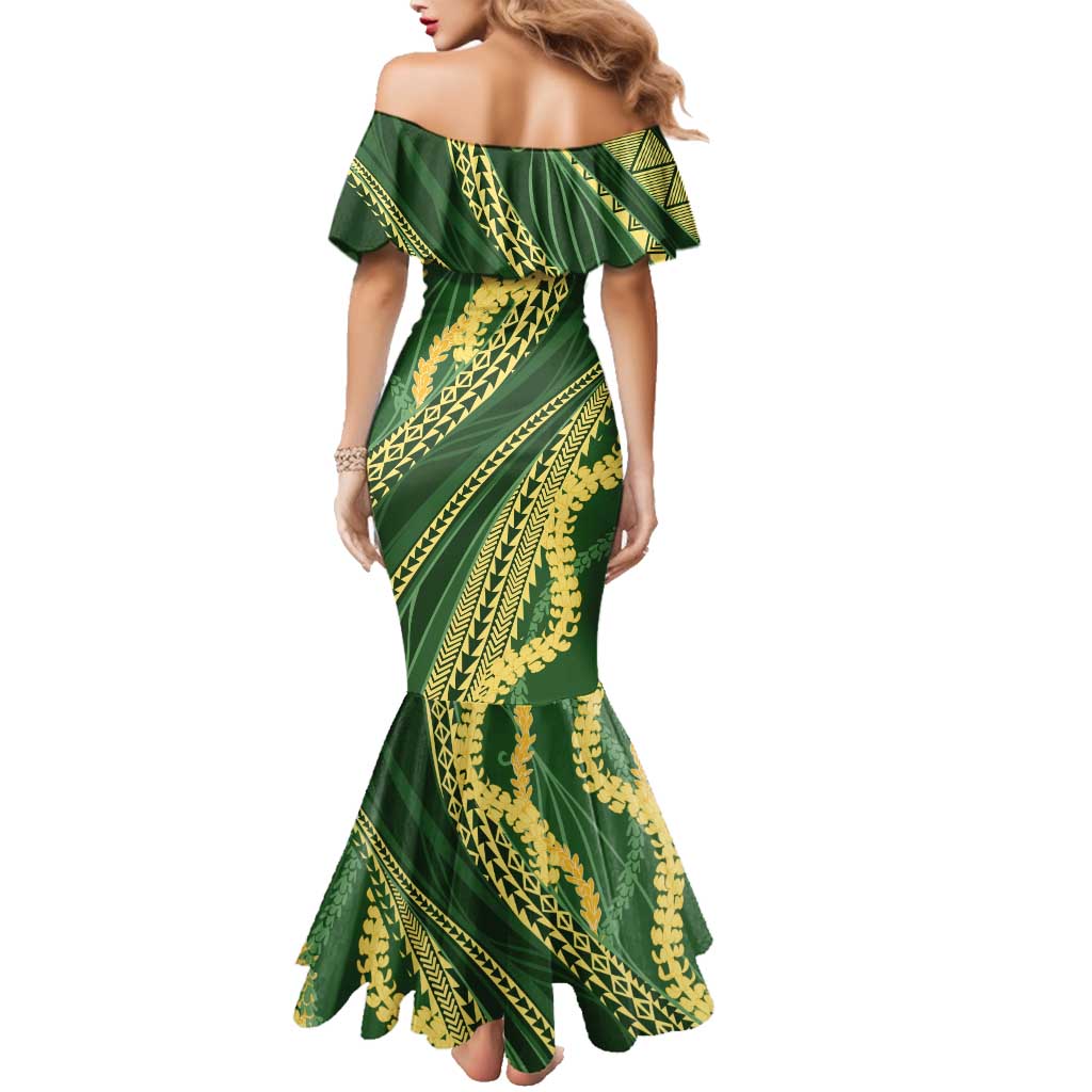 Polynesian Puakeniken Pikake Twisted Lei Family Matching Mermaid Dress and Hawaiian Shirt Emerald LT7 - Polynesian Pride