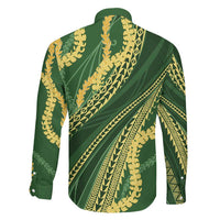 Polynesian Puakeniken Pikake Twisted Lei Family Matching Off The Shoulder Long Sleeve Dress and Hawaiian Shirt Emerald LT7 - Polynesian Pride