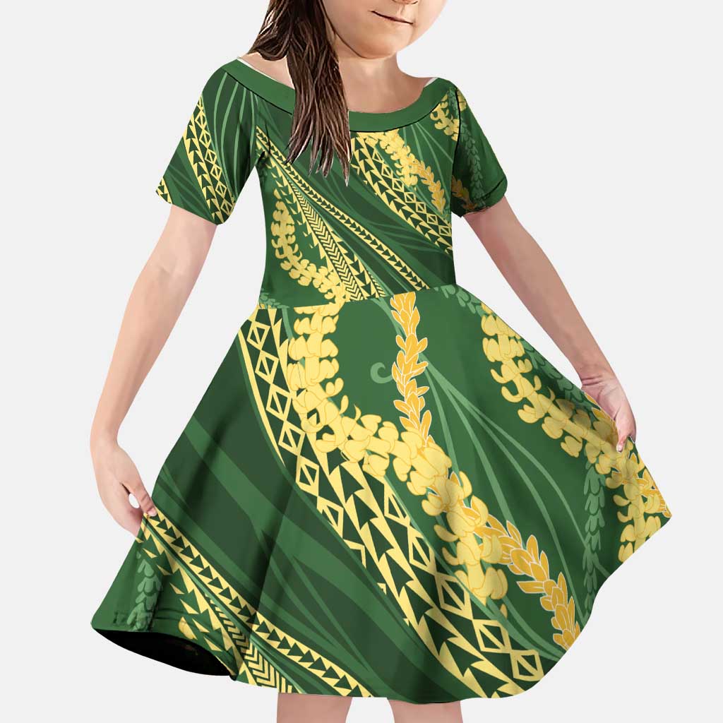 Polynesian Puakeniken Pikake Twisted Lei Family Matching Off Shoulder Maxi Dress and Hawaiian Shirt Emerald LT7 Daughter's Dress Emerald - Polynesian Pride