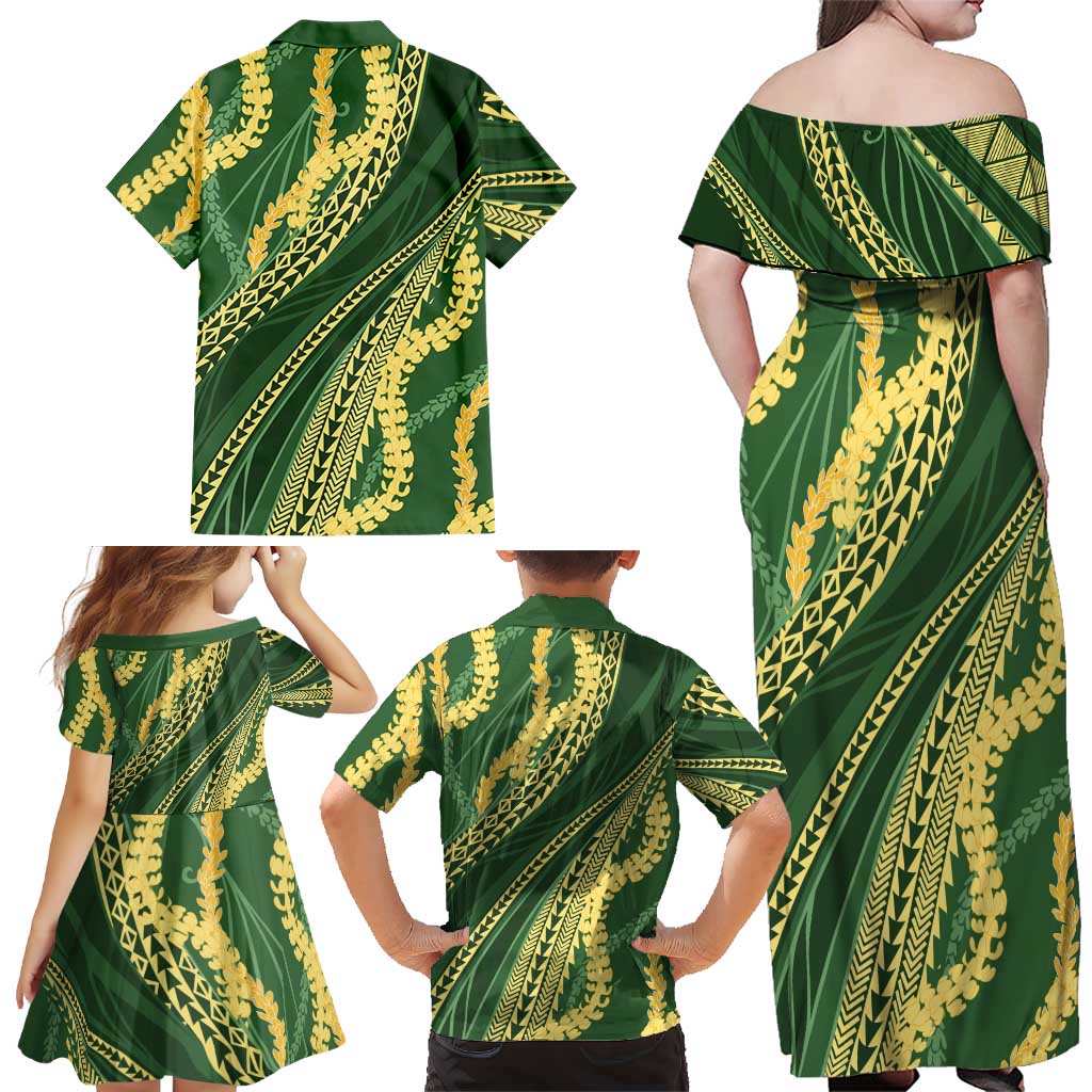 Polynesian Puakeniken Pikake Twisted Lei Family Matching Off Shoulder Maxi Dress and Hawaiian Shirt Emerald LT7 - Polynesian Pride