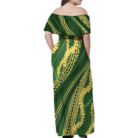 Polynesian Puakeniken Pikake Twisted Lei Family Matching Off Shoulder Maxi Dress and Hawaiian Shirt Emerald LT7 - Polynesian Pride