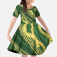 Polynesian Puakeniken Pikake Twisted Lei Family Matching Off Shoulder Short Dress and Hawaiian Shirt Emerald LT7 Daughter's Dress Emerald - Polynesian Pride