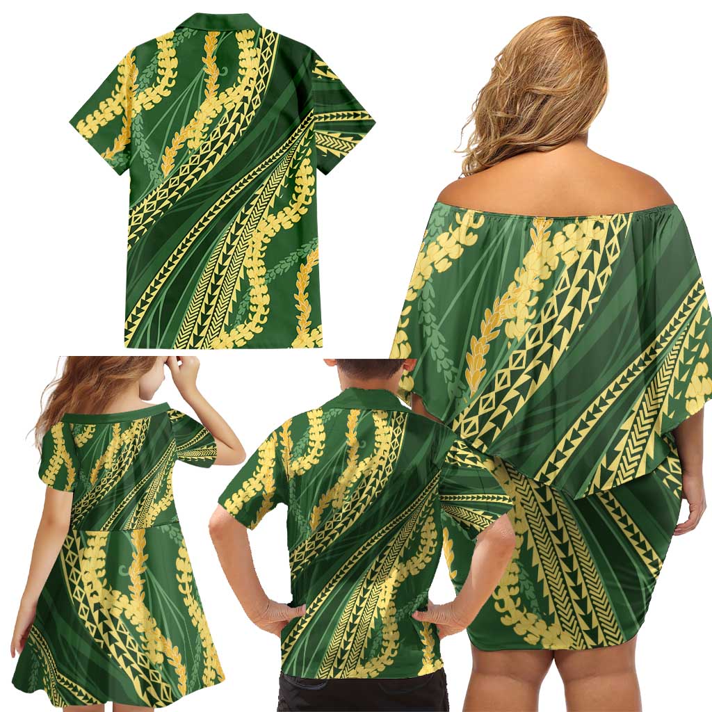 Polynesian Puakeniken Pikake Twisted Lei Family Matching Off Shoulder Short Dress and Hawaiian Shirt Emerald LT7 - Polynesian Pride