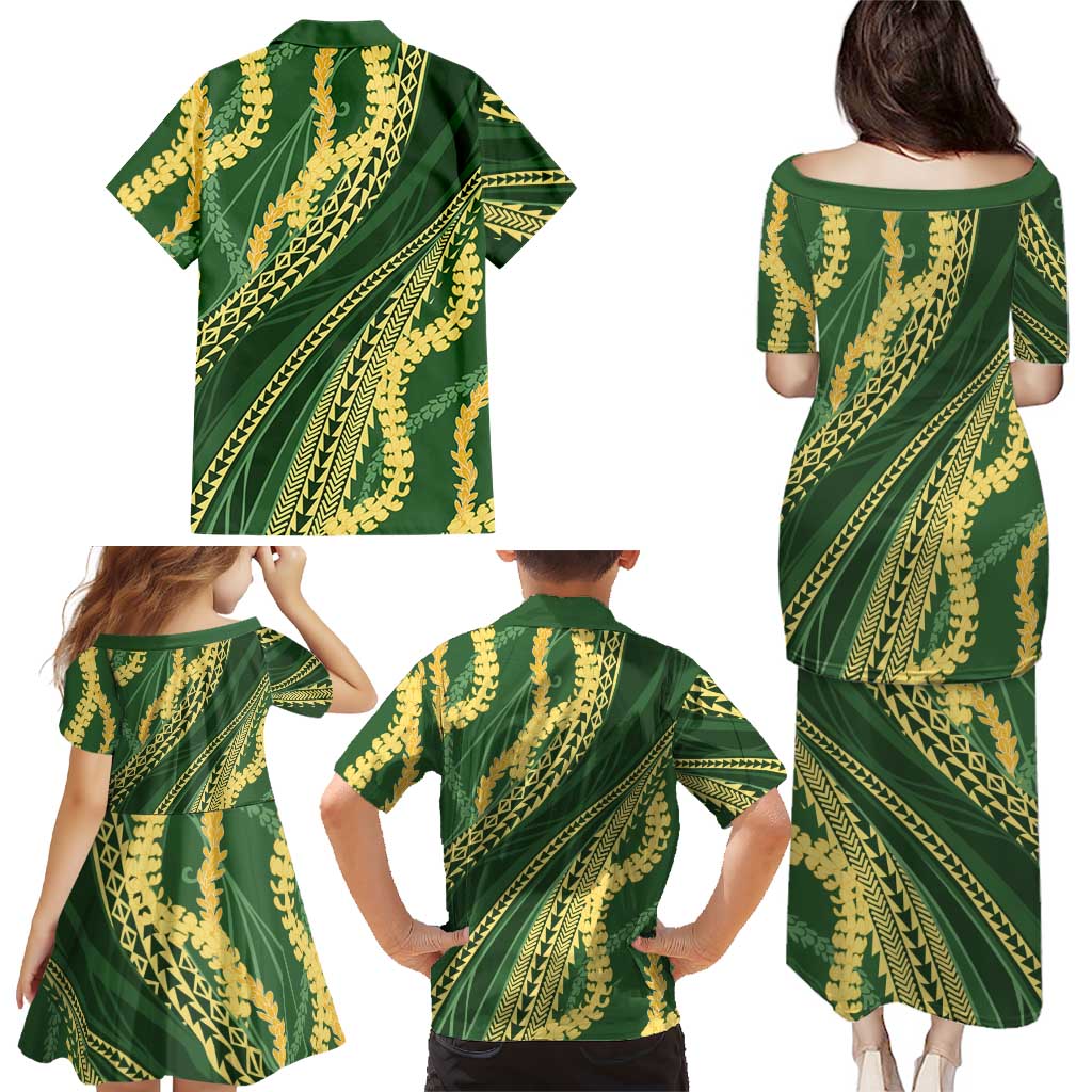 Polynesian Puakeniken Pikake Twisted Lei Family Matching Puletasi and Hawaiian Shirt Emerald LT7 - Polynesian Pride