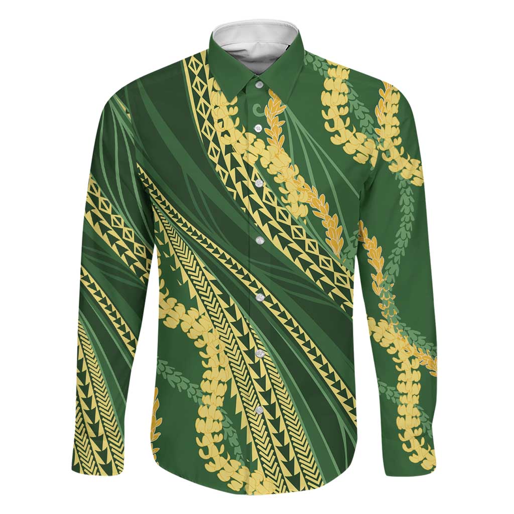 Polynesian Puakeniken Pikake Twisted Lei Family Matching Puletasi and Hawaiian Shirt Emerald LT7 Dad's Shirt - Long Sleeve Emerald - Polynesian Pride