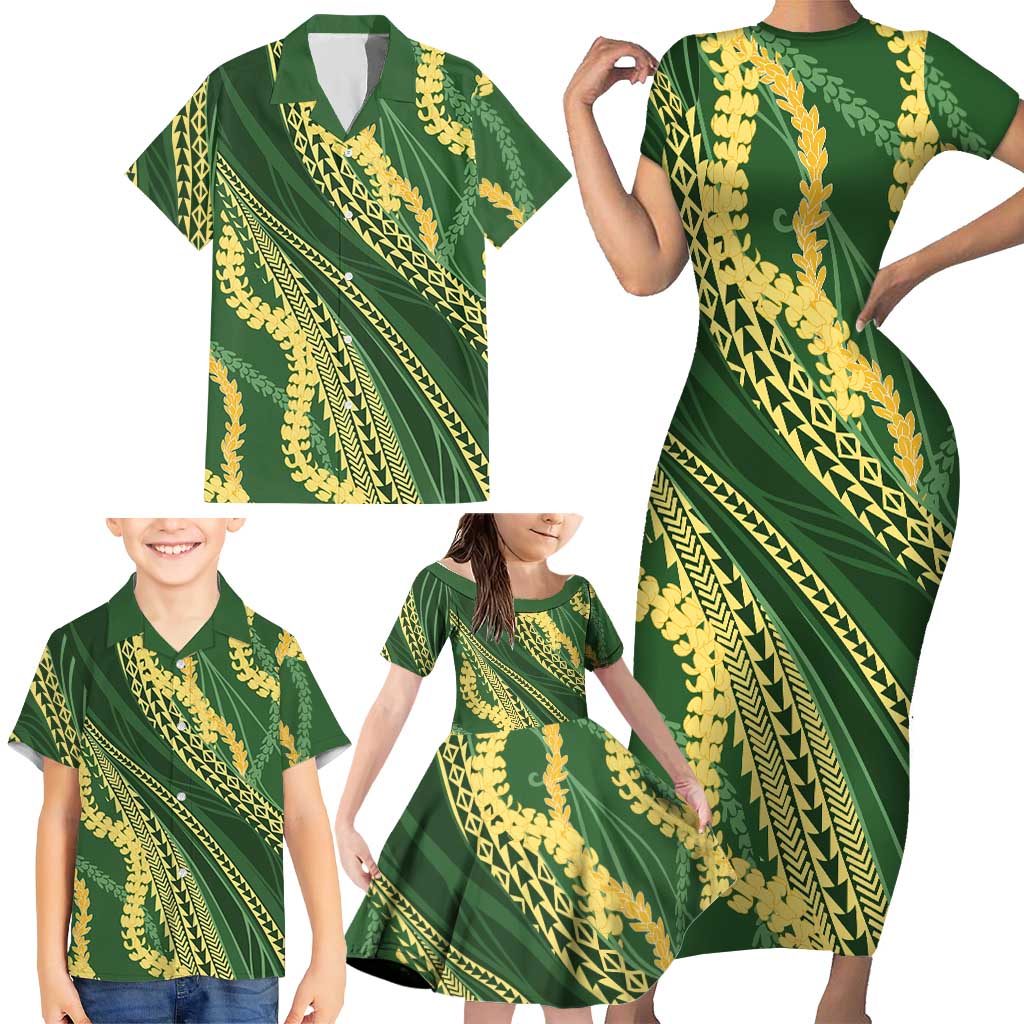 Polynesian Puakeniken Pikake Twisted Lei Family Matching Short Sleeve Bodycon Dress and Hawaiian Shirt Emerald - Polynesian Pride