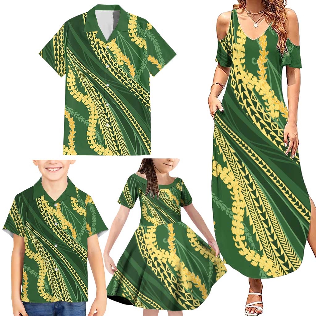 Polynesian Puakeniken Pikake Twisted Lei Family Matching Summer Maxi Dress and Hawaiian Shirt Emerald LT7 - Polynesian Pride