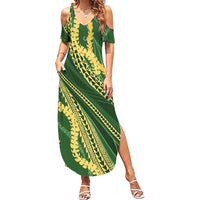 Polynesian Puakeniken Pikake Twisted Lei Family Matching Summer Maxi Dress and Hawaiian Shirt Emerald LT7 Mom's Dress Emerald - Polynesian Pride