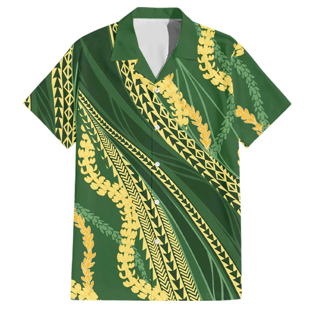 Polynesian Puakeniken Pikake Twisted Lei Family Matching Tank Maxi Dress and Hawaiian Shirt Emerald LT7 Dad's Shirt - Short Sleeve Emerald - Polynesian Pride
