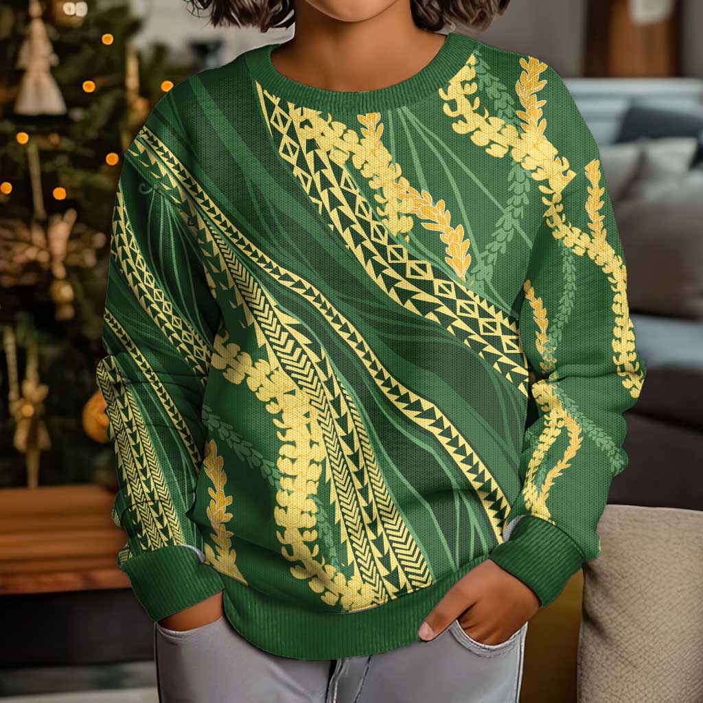 Polynesian Puakeniken Pikake Twisted Lei Kid Ugly Christmas Sweater Emerald LT7 - Polynesian Pride