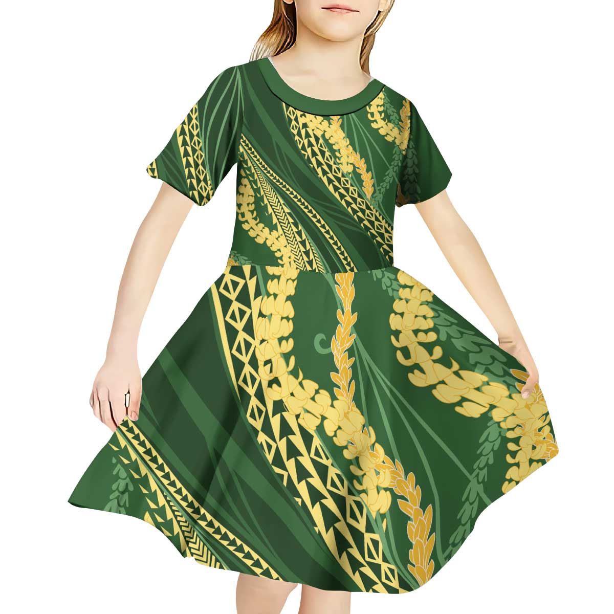 Polynesian Puakeniken Pikake Twisted Lei Kid Short Sleeve Dress Emerald - Polynesian Pride