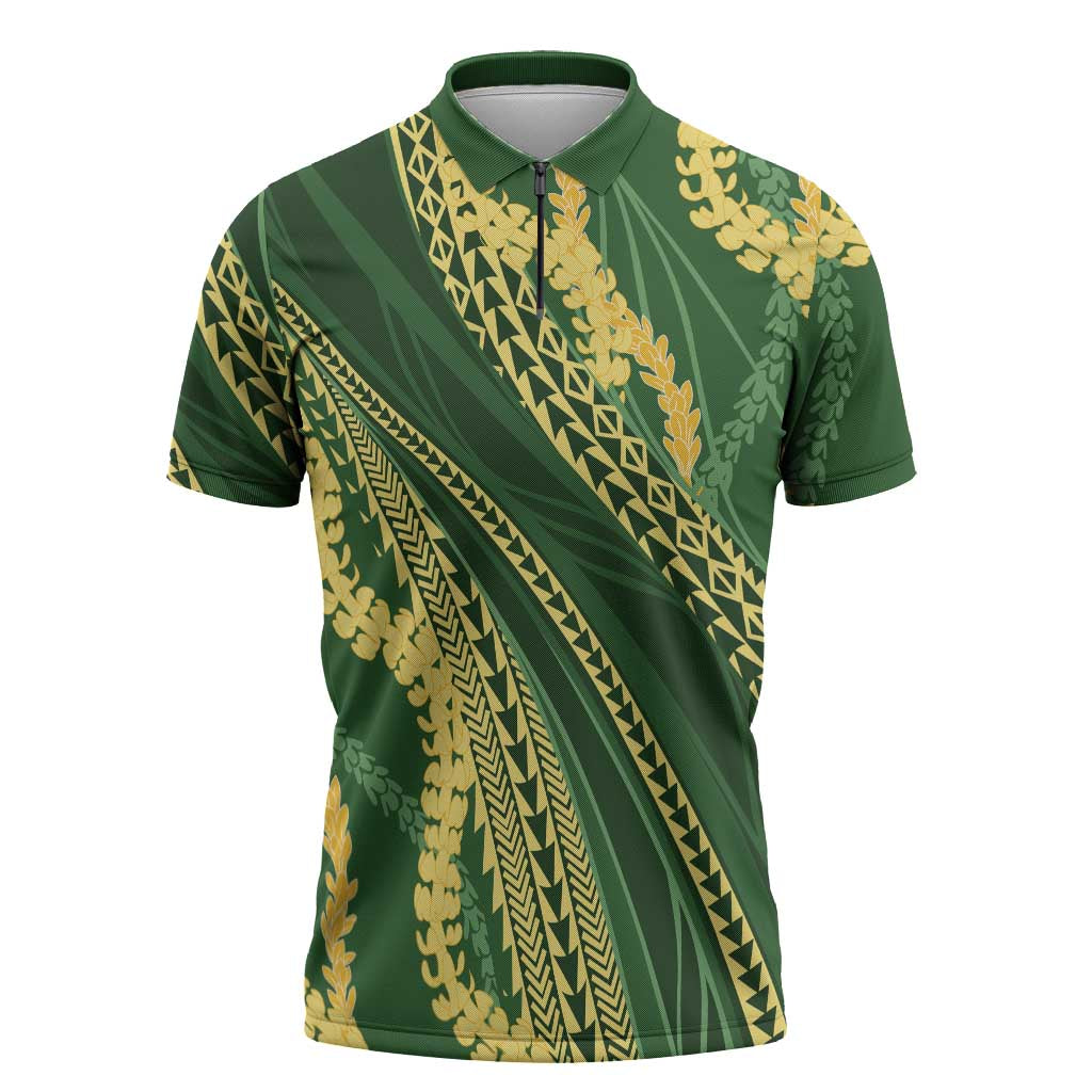 Polynesian Puakeniken Pikake Twisted Lei Zipper Polo Shirt Emerald LT7 Emerald - Polynesian Pride