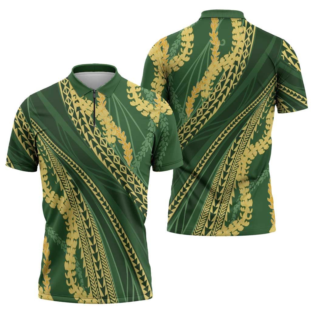 Polynesian Puakeniken Pikake Twisted Lei Zipper Polo Shirt Emerald LT7 - Polynesian Pride