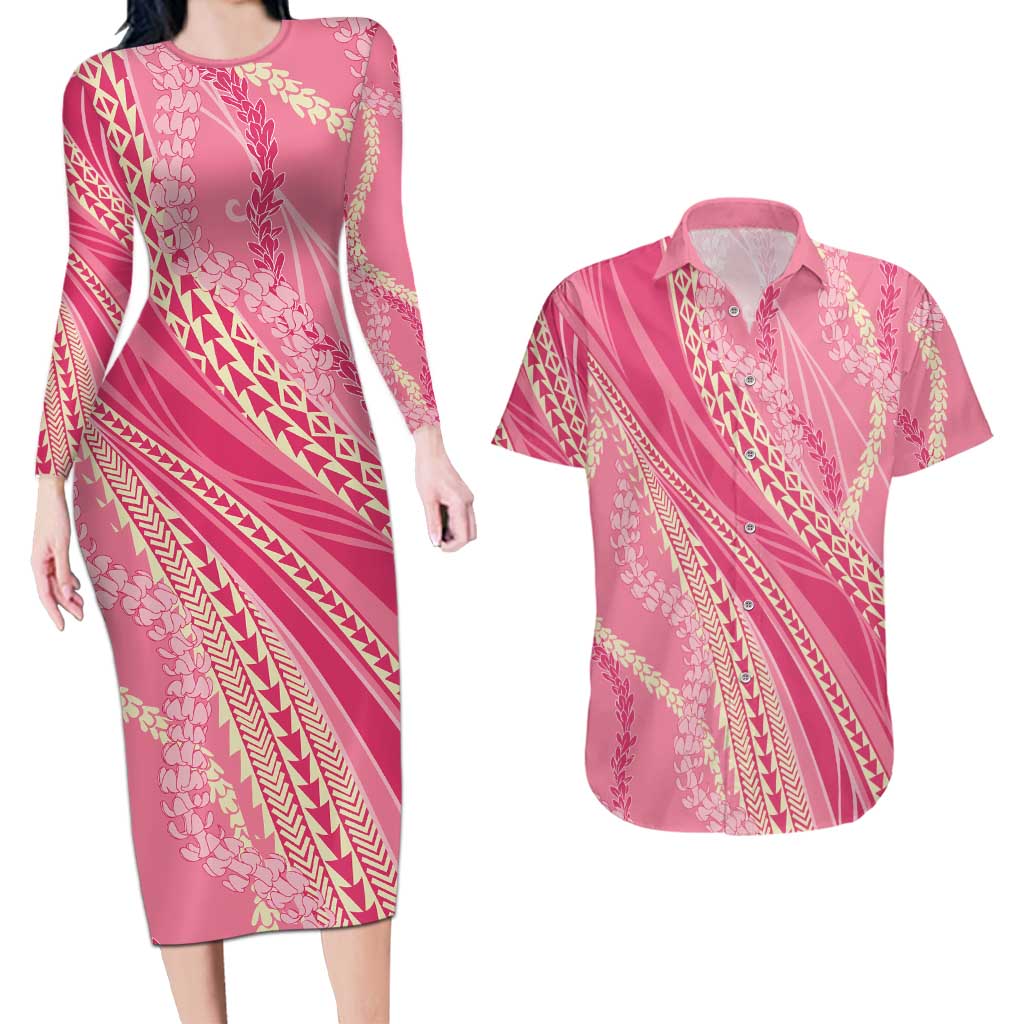 Polynesian Puakeniken Pikake Twisted Lei Couples Matching Long Sleeve Bodycon Dress and Hawaiian Shirt Rose Pink LT7 Rose Pink - Polynesian Pride