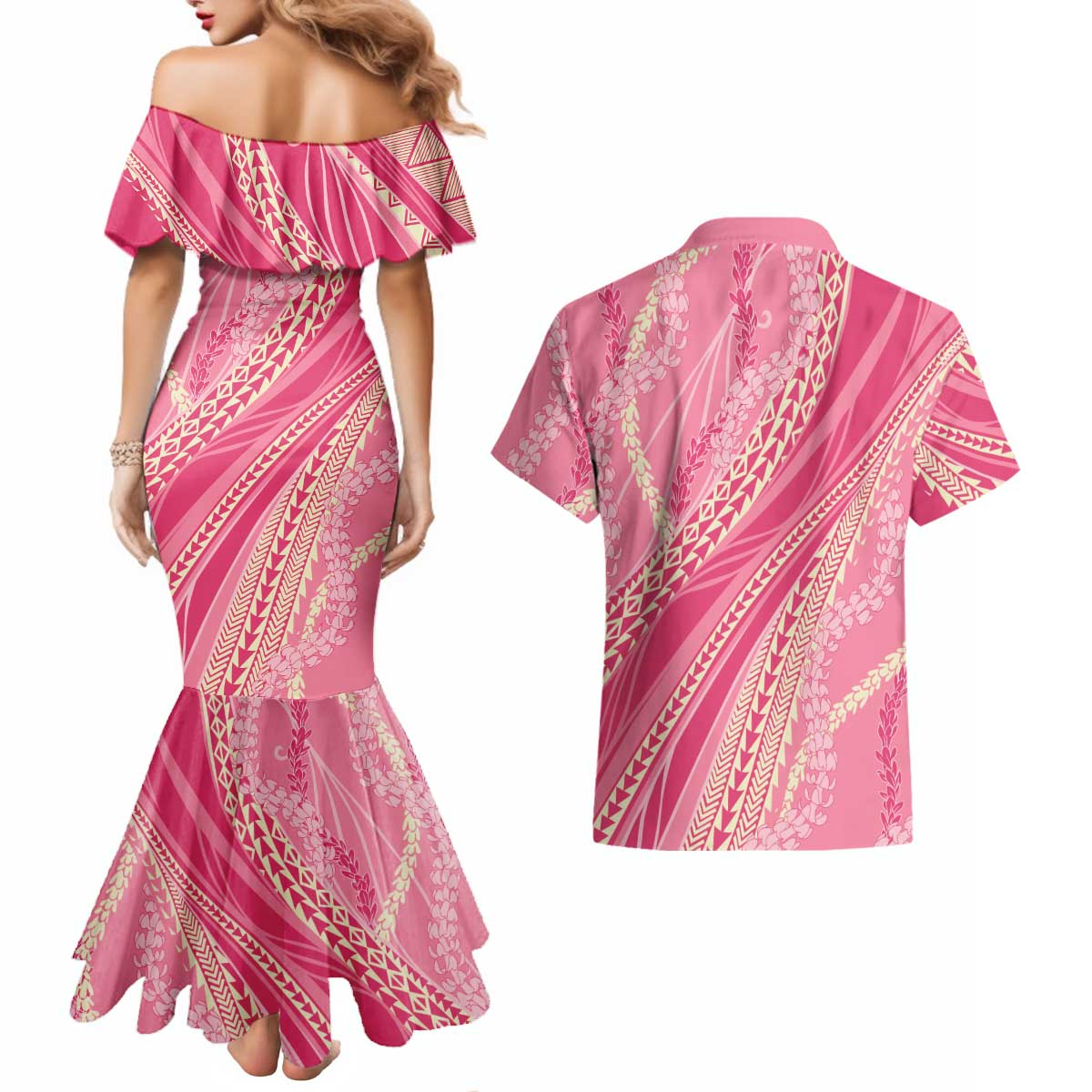 Polynesian Puakeniken Pikake Twisted Lei Couples Matching Mermaid Dress and Hawaiian Shirt Rose Pink LT7 - Polynesian Pride