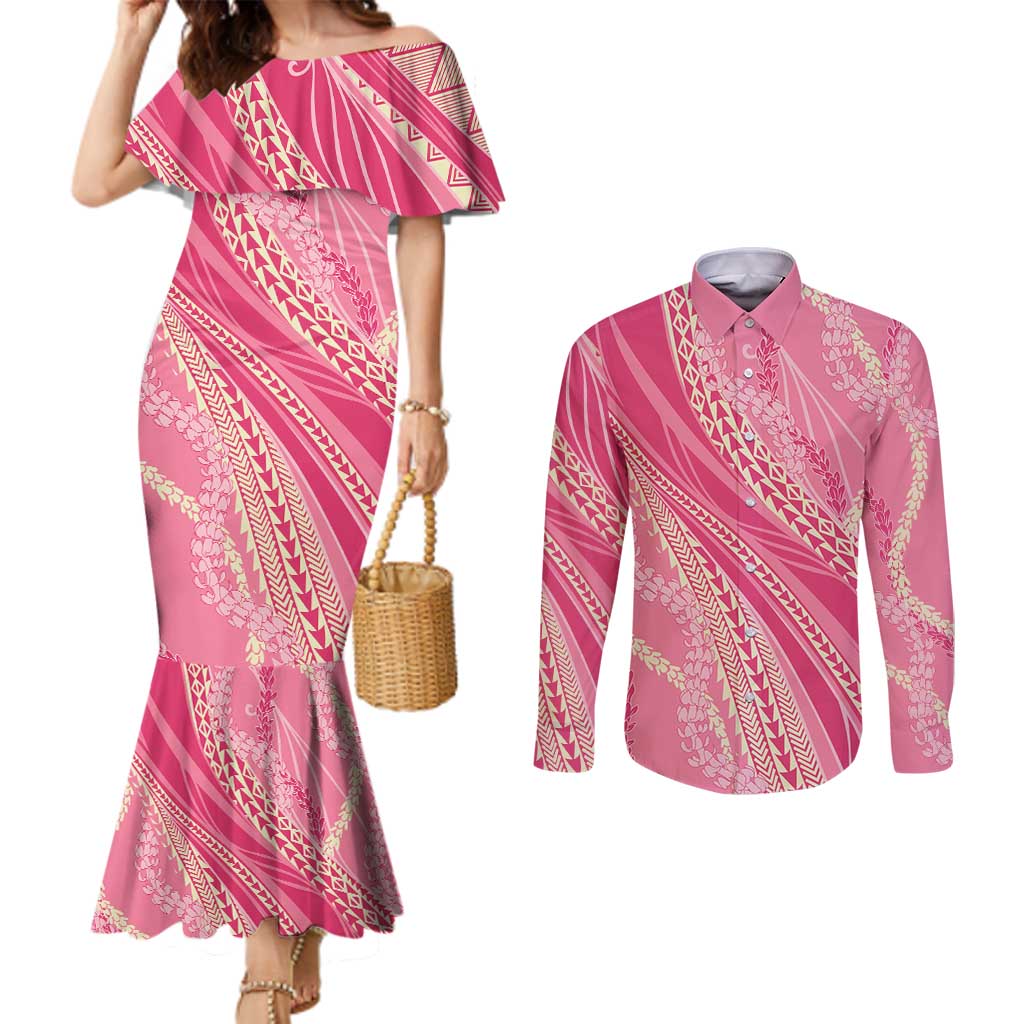Polynesian Puakeniken Pikake Twisted Lei Couples Matching Mermaid Dress and Long Sleeve Button Shirt Rose Pink LT7 Rose Pink - Polynesian Pride