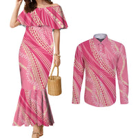 Polynesian Puakeniken Pikake Twisted Lei Couples Matching Mermaid Dress and Long Sleeve Button Shirt Rose Pink LT7 Rose Pink - Polynesian Pride