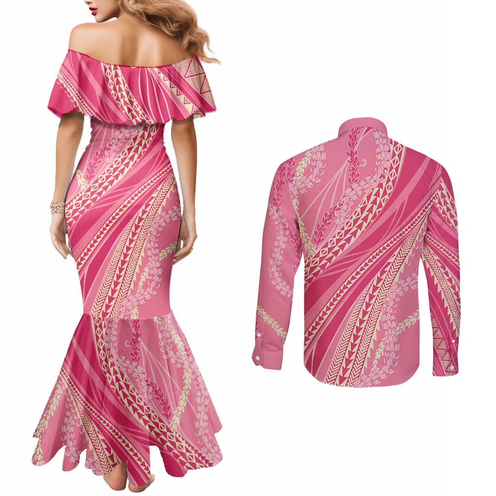 Polynesian Puakeniken Pikake Twisted Lei Couples Matching Mermaid Dress and Long Sleeve Button Shirt Rose Pink LT7 - Polynesian Pride