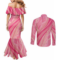 Polynesian Puakeniken Pikake Twisted Lei Couples Matching Mermaid Dress and Long Sleeve Button Shirt Rose Pink LT7 - Polynesian Pride