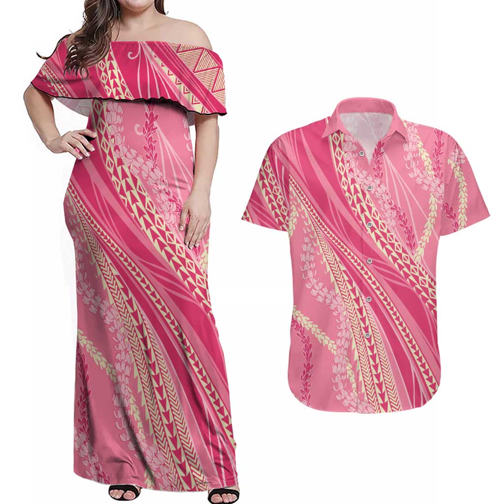 Polynesian Puakeniken Pikake Twisted Lei Couples Matching Off Shoulder Maxi Dress and Hawaiian Shirt Rose Pink LT7 Rose Pink - Polynesian Pride