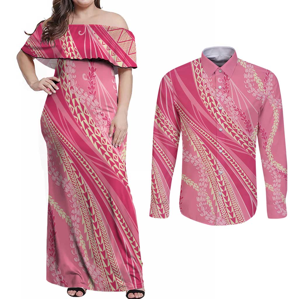 Polynesian Puakeniken Pikake Twisted Lei Couples Matching Off Shoulder Maxi Dress and Long Sleeve Button Shirt Rose Pink - Polynesian Pride